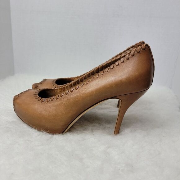 Gucci Brown Leather Whipstitch Trim Pumps Open Toe 264984 Heel Shoes Size 7 US - Picture 3 of 10
